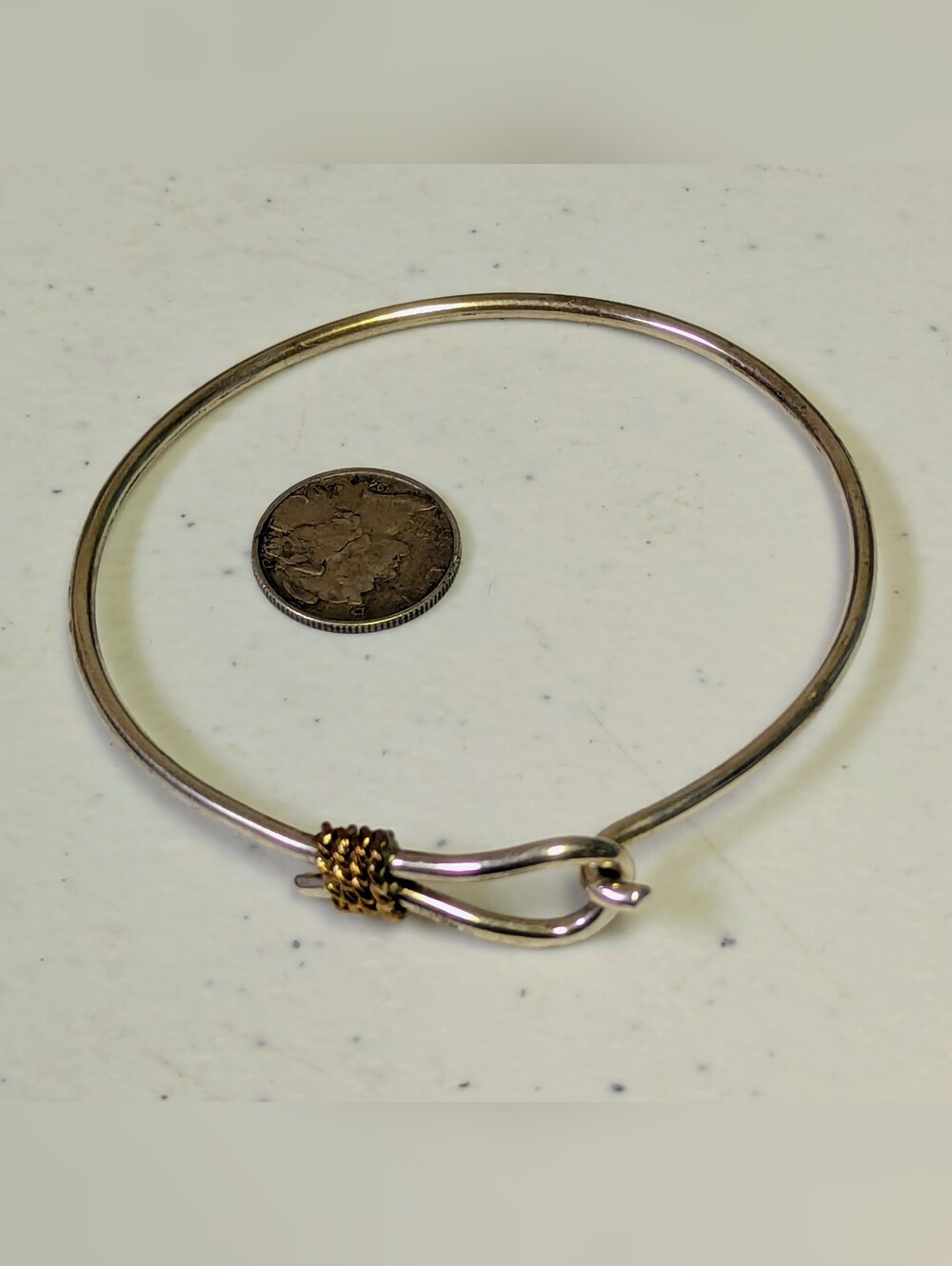 Vintage 925 Sterling Silver Two-Tone Hook Eye Bangle Bracelet - Gold Accent